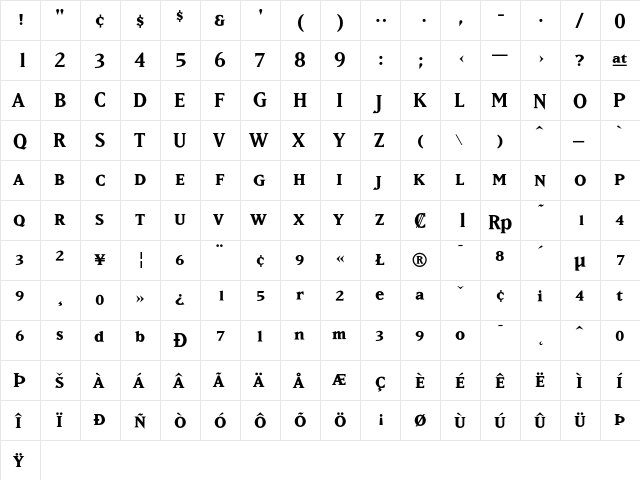 MatrixBoldSmallCaps Regular  glyph index