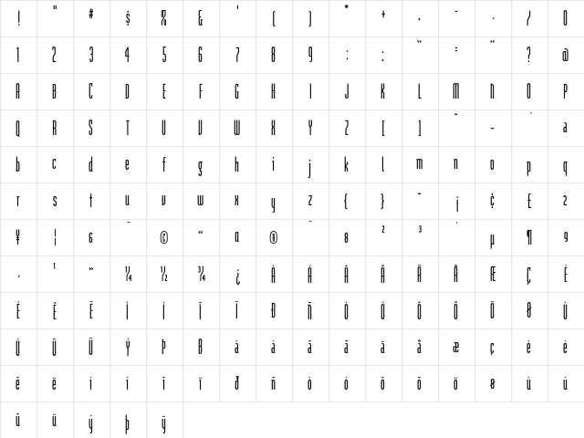 ModulaTall Regular  glyph index