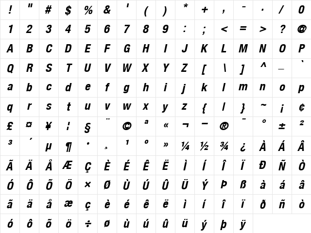 HelveticaNeueCond BoldItalic  glyph index