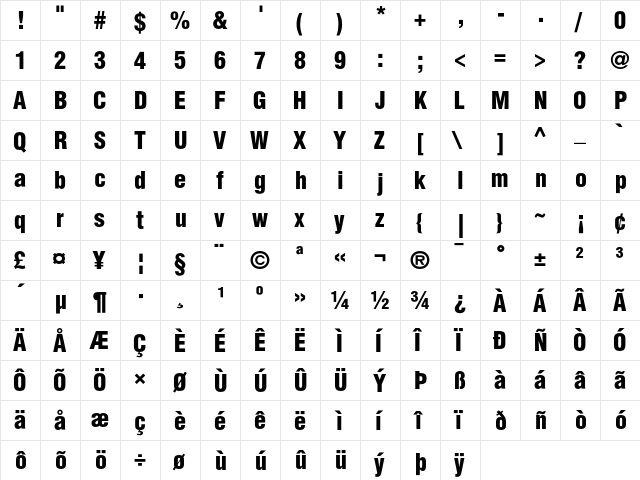 Helvetica Condensed Black  glyph index