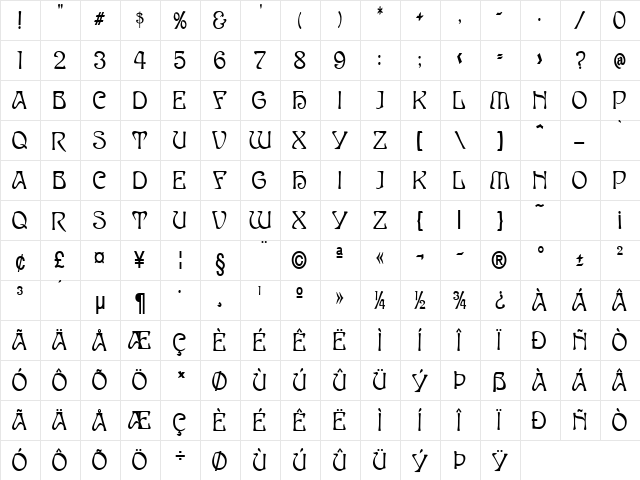 Elves-Condensed Bold  glyph index
