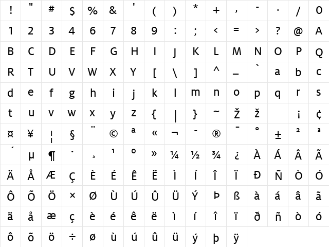 MiloLF-Text Regular  glyph index