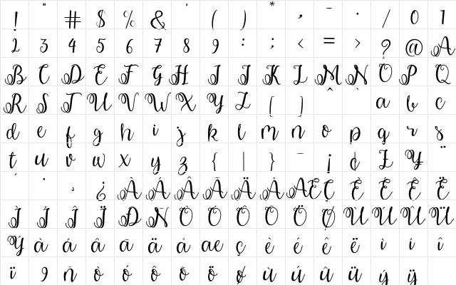 shabila Regular  glyph index