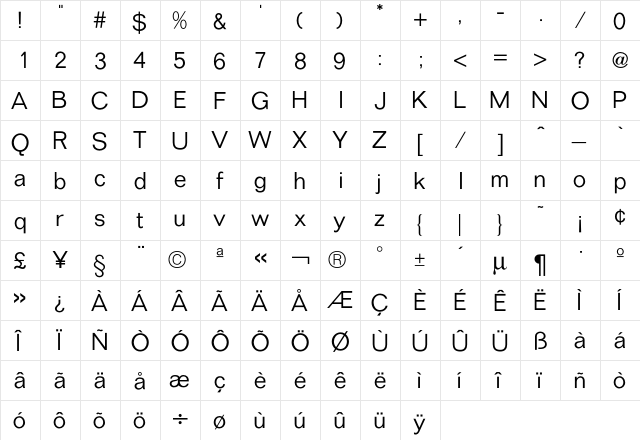FolioICG Light  glyph index