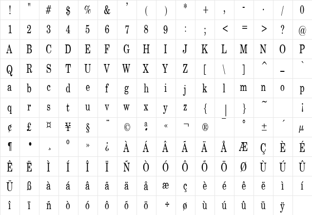 CenturySWCondensed Regular  glyph index