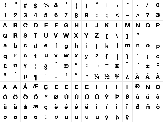 Helvetica75 Bold  glyph index