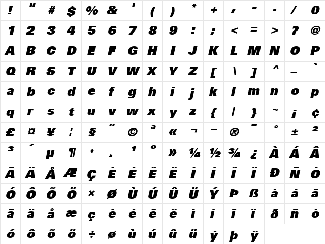 Univers85-ExtraBlack Extra BlackItalic  glyph index