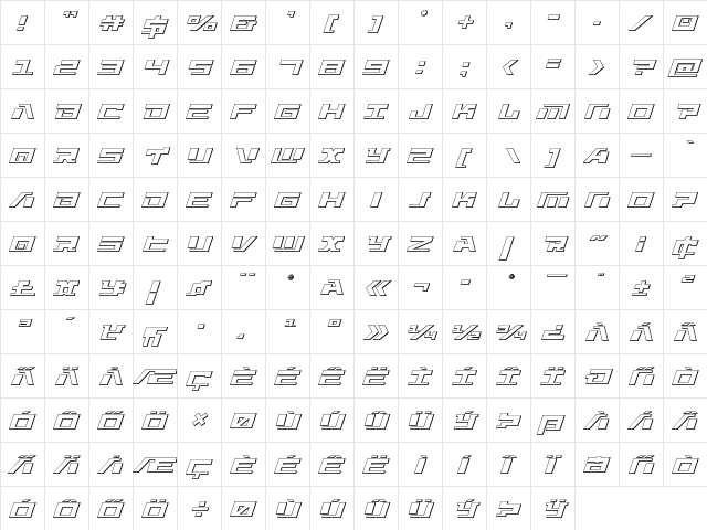 War Machine 3D Italic  glyph index