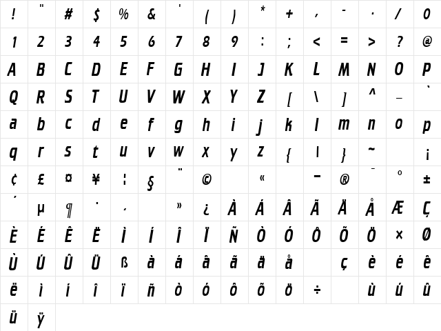 CruiserCondensed Regular  glyph index