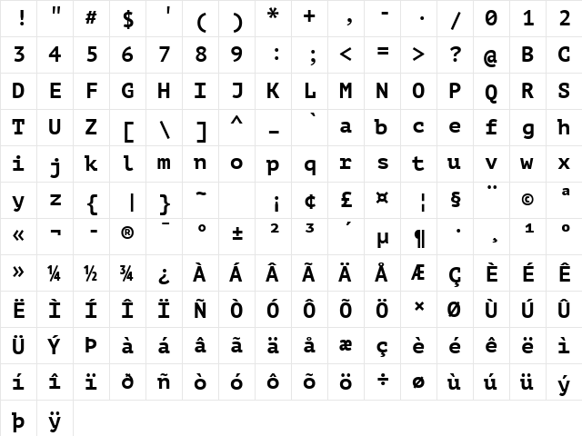 PT Mono Bold  glyph index