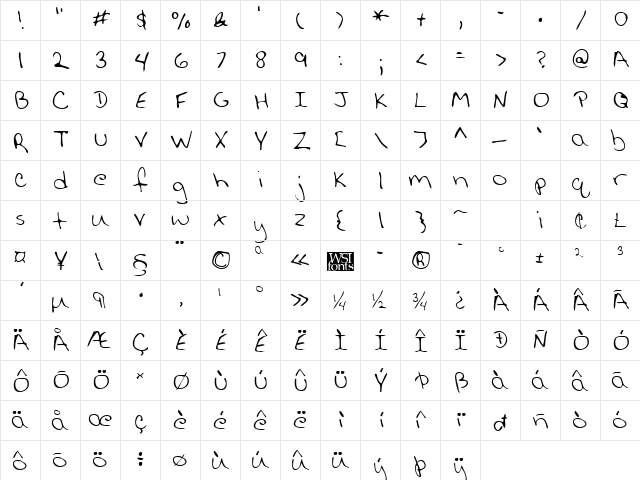 LisasHand Regular  glyph index