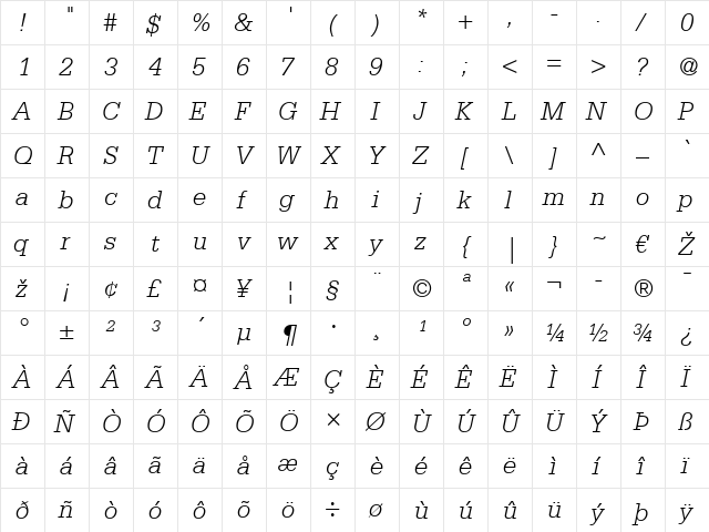 Serifa LT 45 Light Italic  glyph index