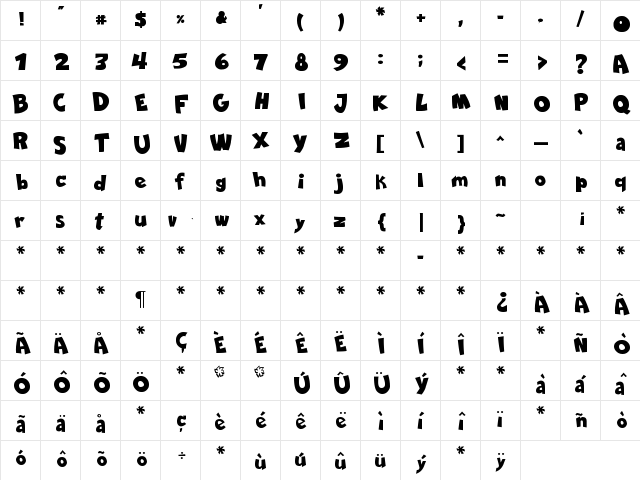 Comica BD Bold Regular  glyph index