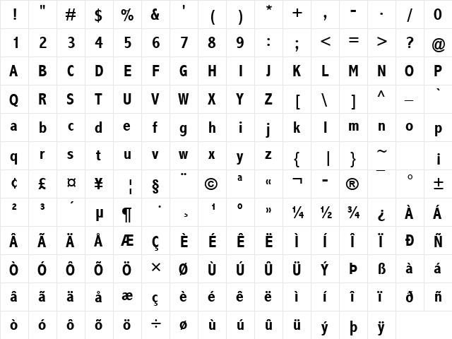 Abadi MT Condensed Bold  glyph index