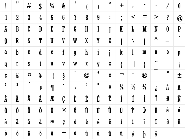 Rockwell MT Condensed Regular  glyph index