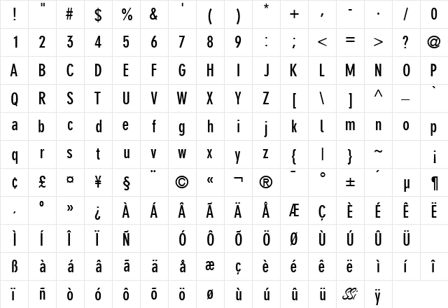 ParallaxGroteskCondSSK Bold  glyph index