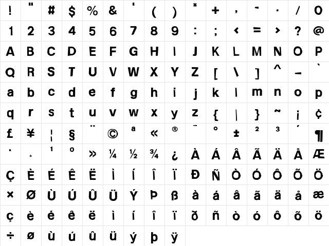 Frail Sans Bold  glyph index