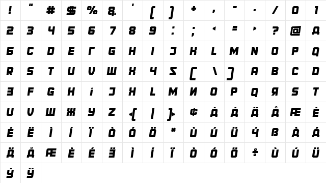 Territory Italic  glyph index
