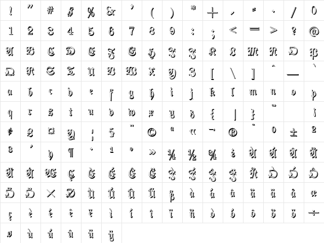 PhraxturedShadowed Regular  glyph index
