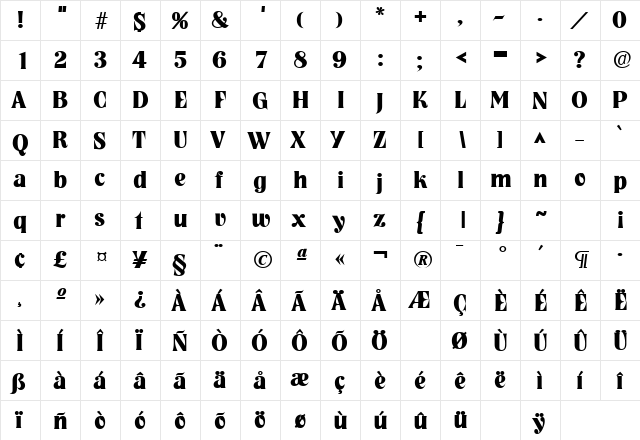 NashvilleLH Bold  glyph index