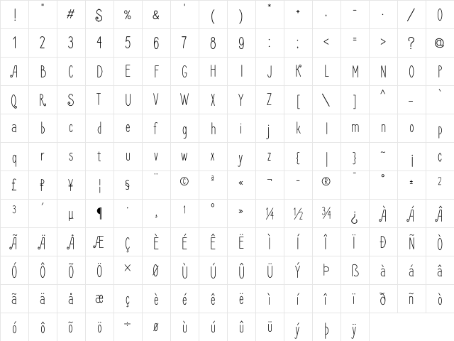 Frenchpress Regular  glyph index