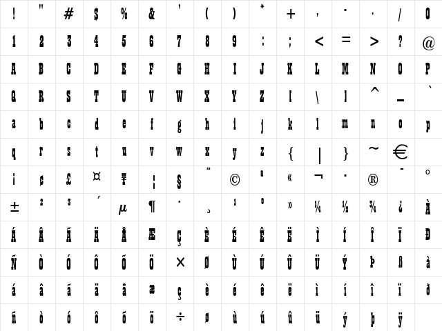 Billboard11Condensed Normal  glyph index