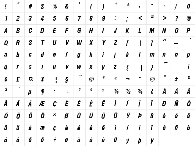 NimbusSanPCon Bold Italic  glyph index