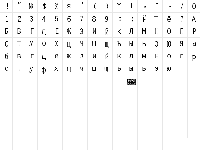 CyrillicSans Regular  glyph index