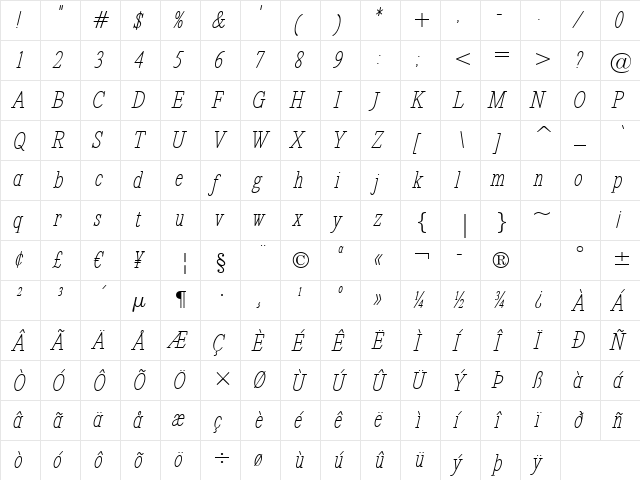 Revelation BTN Cond Oblique  glyph index