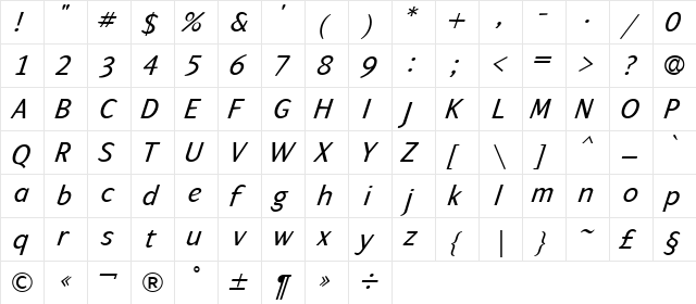 ArtemiusSans Italic  glyph index
