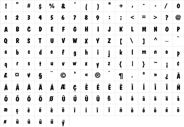 Relax-Bold Regular  glyph index