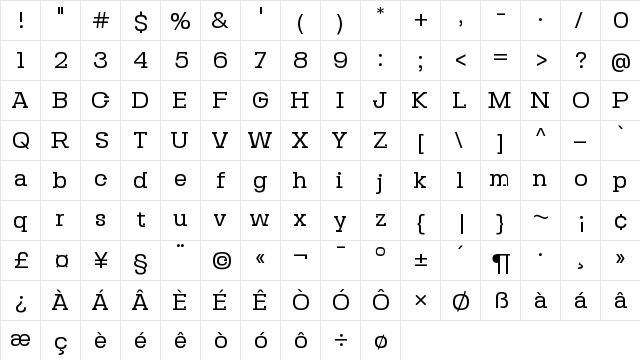 Seb Slab Regular  glyph index