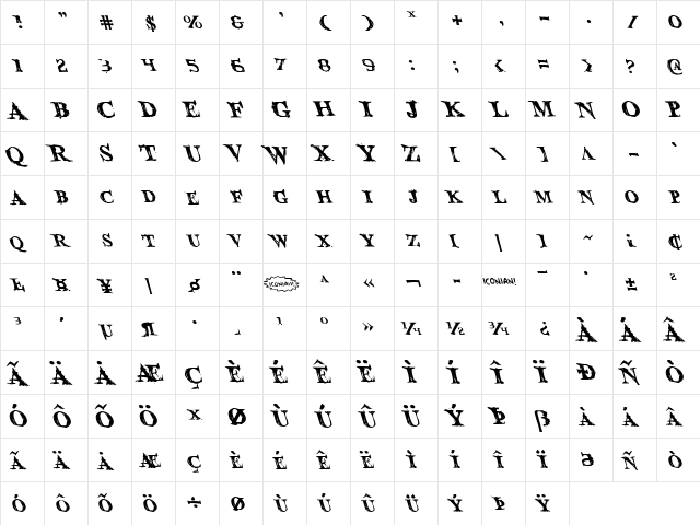 Blood Crow Leftalic Italic  glyph index