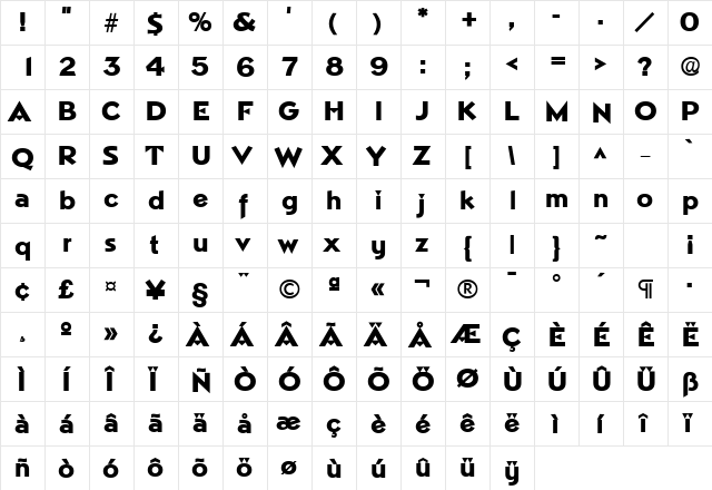 Napa Heavy SF Bold  glyph index