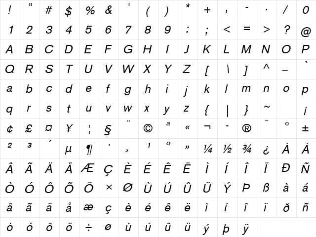 Basic Commercial LT Com Italic  glyph index