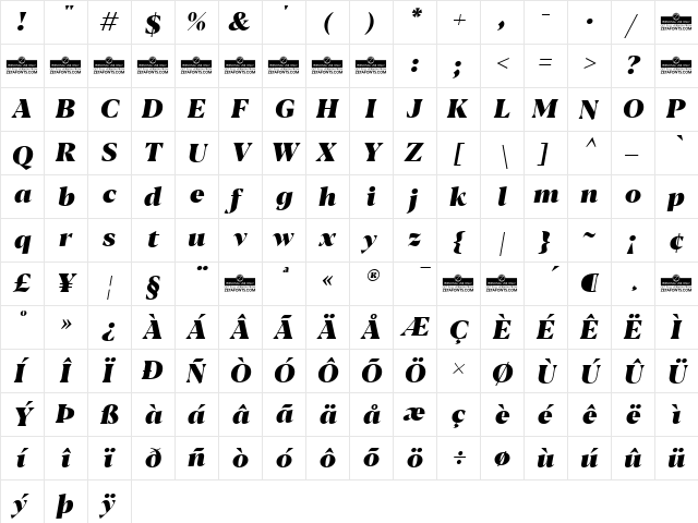 Blacker Display Heavy Italic  glyph index