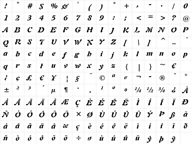 Freefrm721 Blk BT Black Italic  glyph index