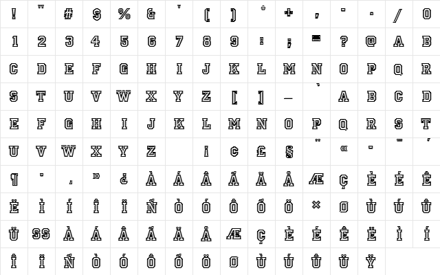 PrincetownDIn1 Regular  glyph index