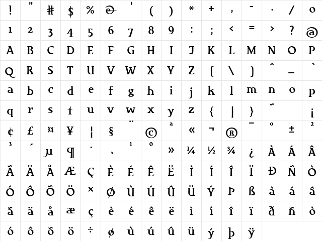 Cajoun LT Std Regular  glyph index