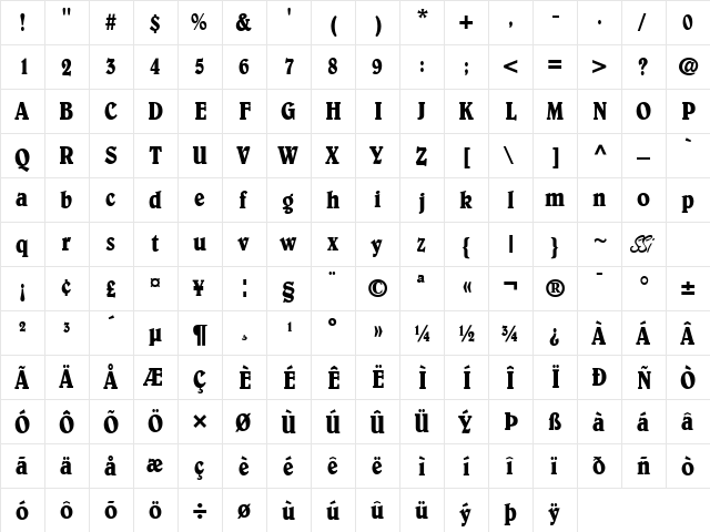 Barrister Condensed SSi Condensed  glyph index