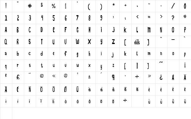 TMBFont Regular  glyph index