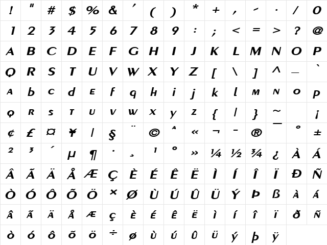 Pare Wide BoldItalic  glyph index