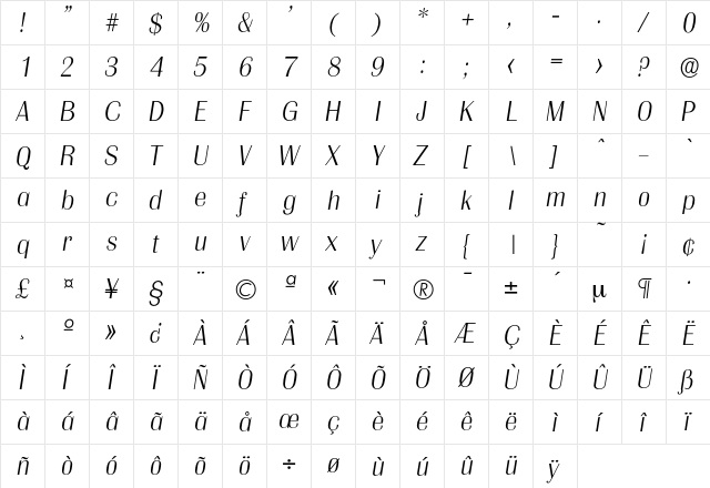 Grenoble-XlightIta Regular  glyph index