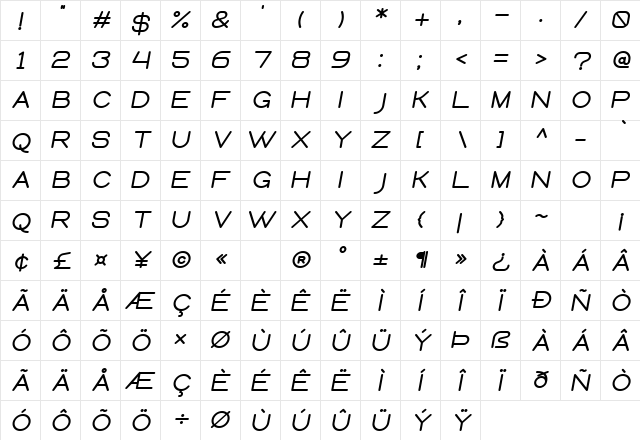 Queental Bold Italic  glyph index