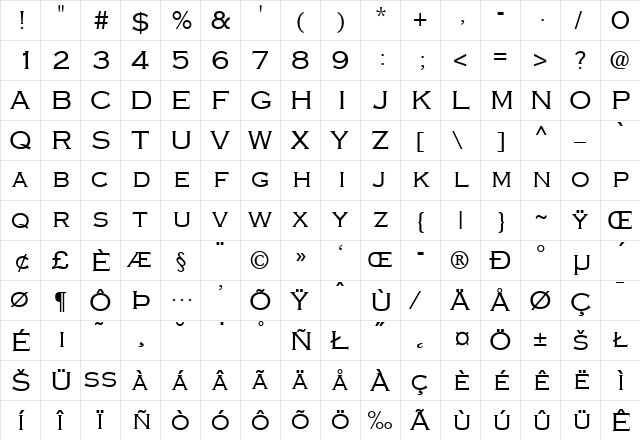 Copperplate-ThirtyTwoAB Regular  glyph index