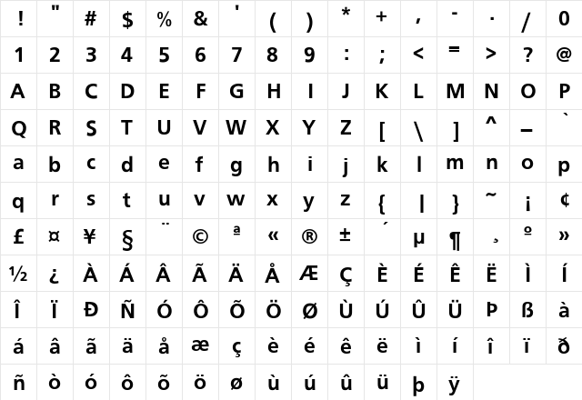FrugalSans-Bold Regular  glyph index