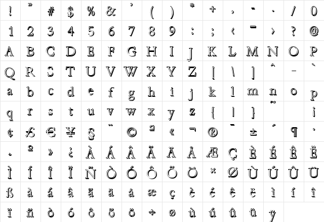 JoshuaBeckerShadow-Xlight Regular  glyph index