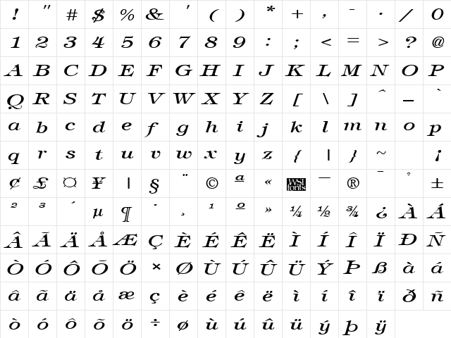 TimbrelBroad Italic  glyph index