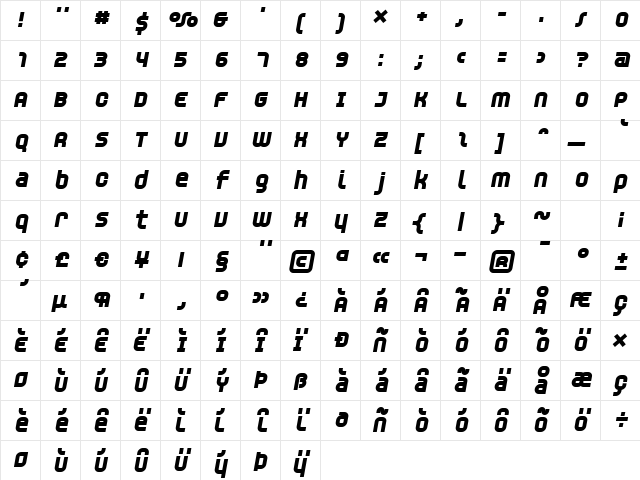 Unisect BlackOblique  glyph index