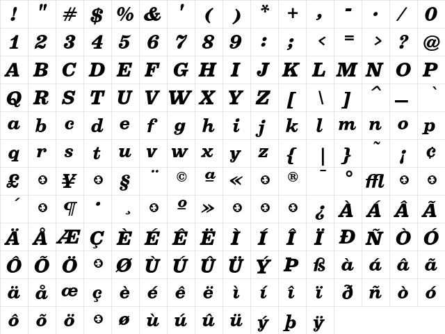 Belizio BoldItalic  glyph index